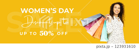 8 March, international women's day, happy woman with shopping bags on yellow background, with text 8 March, international women's day, happy woman with shopping bags on yellow background, with text 123931610