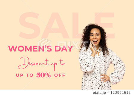 8 March, international women's day, happy woman on a light background, with text 123931612