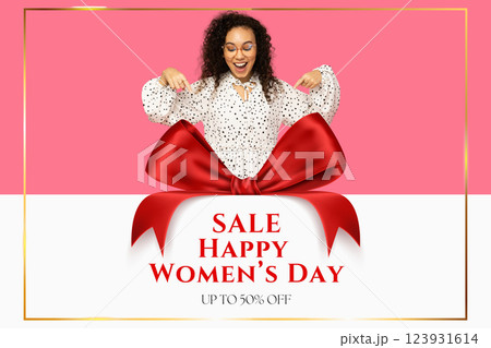 8 March, international women's day, happy woman and big red bow on pink and white background, with text 123931614
