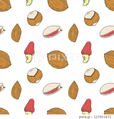 Seamless pattern with nuts. Healthy food nuts and seeds, nutrition walnut, hazelnut, pistachio and almond. Seamless pattern with nuts. Healthy food nuts and seeds, nutrition walnut, hazelnut, pistachio and almond. 123931671