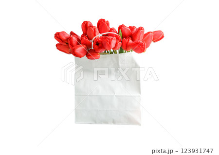 Bouquet of red tulips in a white paper bag, isolated on white background, PNG Bouquet of red tulips in a white paper bag, isolated on white background, PNG 123931747