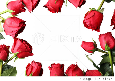 Frame of blooming red roses and a white sheet of paper, isolated on white background, PNG 123931757
