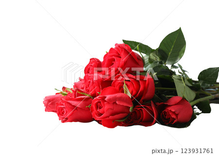 Beautiful bouquet of blooming red roses, isolated on white background, PNG 123931761