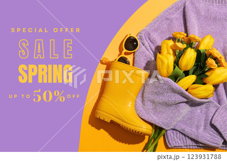 Hello spring, sweater, boots, bouquet and sunglasses on a purple background, top view, with text Hello spring, sweater, boots, bouquet and sunglasses on a purple background, top view, with text 123931788