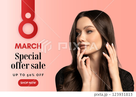 8 March, international women's day, elegant woman on a light pink background, with text 8 March, international women's day, elegant woman on a light pink background, with text 123931813