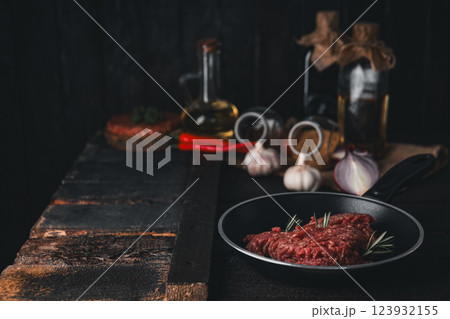 Ground meat, concept of cooking tasty meat food Ground meat, concept of cooking tasty meat food 123932155