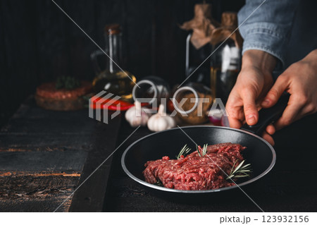 Ground meat, concept of cooking tasty meat food 123932156