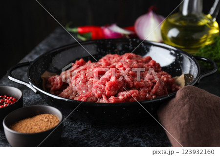 Ground meat, concept of cooking tasty meat food 123932160