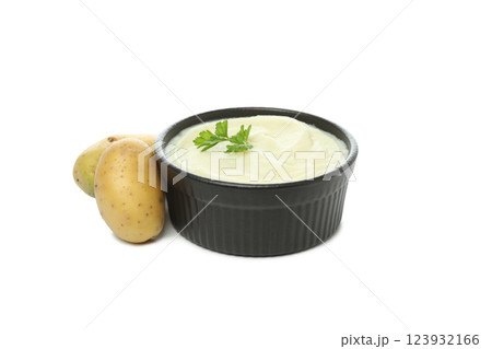 PNG, Mashed potatoes in bowl and whole potatoes, isolated on white background 123932166