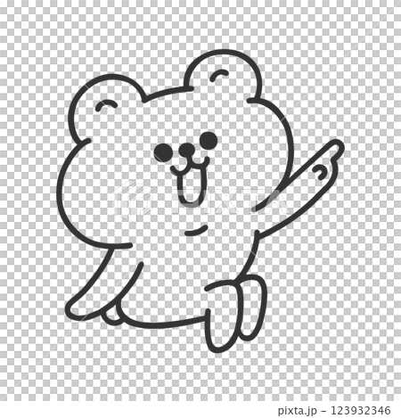 ちょこんと座るかわいいクマ・指差し　線画 123932346