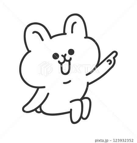 ちょこんと座るかわいいウサギ・指差し　線画 123932352