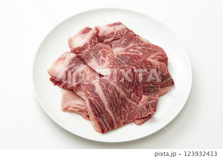 白い皿に乗った牛肉　白バック 123932413