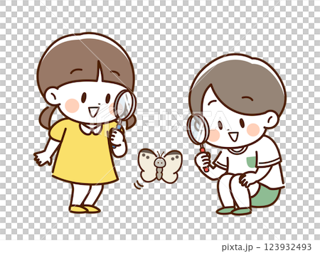 虫眼鏡_蝶を見るこども 123932493