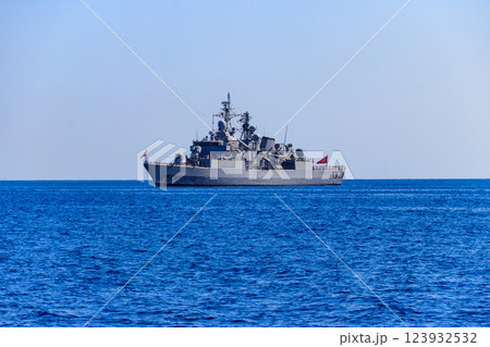 Turkish navy warship sailing in the Mediterranean sea. Protection of water borders of Turkey 123932532