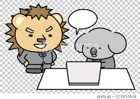 PCを使って上司に説明するコアラの会社員と笑顔の上司 123932616