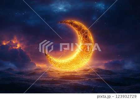 Radiant Crescent Moon Amid Mystical Clouds 123932729