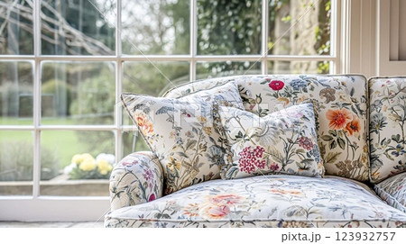 Colorful pillows on sofa against glass wall of window in a winter garden or conservatory. Interior textile concept. High quality photo 123932757