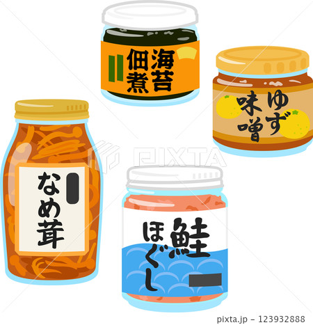 瓶入りの佃煮、なめ茸、柚子味噌、鮭ほぐし 123932888
