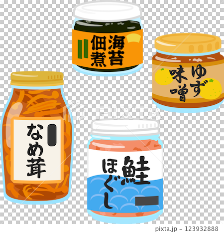 Bottled tsukudani, nametake mushrooms, yuzu miso, and shredded salmon 123932888