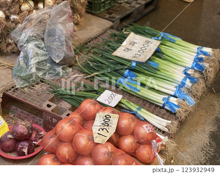 Onions in Mesh Bags and Leeks Bundled Together for Sale at the Market Onions in Mesh Bags and Leeks Bundled Together for Sale at the Market 123932949