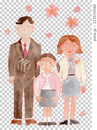 女孩、父母和櫻花的水彩畫 女孩、父母和櫻花的水彩畫 123933098