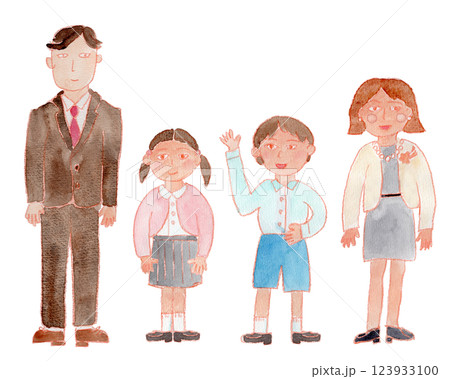男の子、女の子、おとうさん、おかあさん、家族の水彩イラスト 123933100