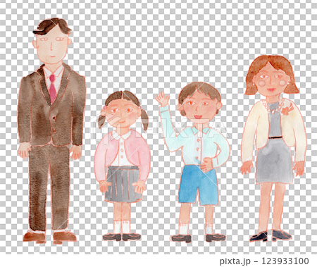 男の子、女の子、おとうさん、おかあさん、家族の水彩イラスト 123933100