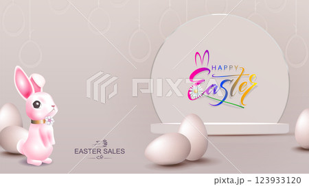 Light beige composition with Easter bunny, eggs and a round frame 123933120