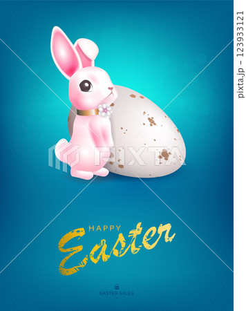 Isolated Easter bunny with white egg on blue background, greeting card Isolated Easter bunny with white egg on blue background, greeting card 123933121