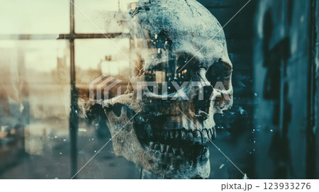 Skull with Reflections of Decay and Ruin 123933276