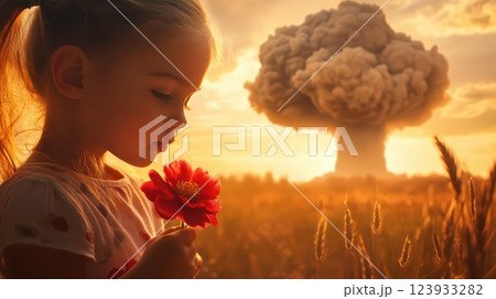 Girl Holding Flower with Nuclear Explosion in Background 123933282