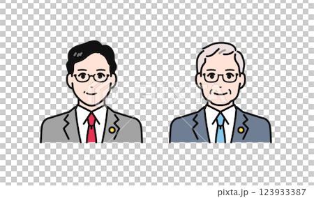 穿著西裝、佩戴徽章的中老年男士的簡單向量插圖集 123933387