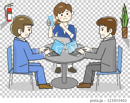 出先の丸テーブルで打合せの3人グループ_クレームの電話 出先の丸テーブルで打合せの3人グループ_クレームの電話 123933403
