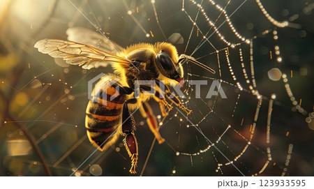 Bee trapped in web. Generative AI Bee trapped in web. Generative AI 123933595