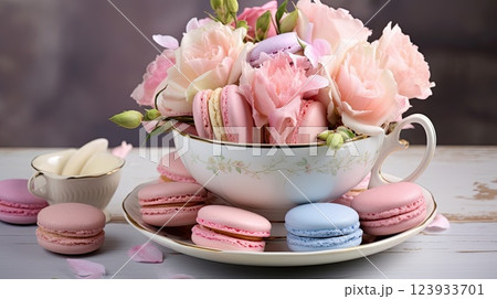 Romantic macaroon birthday set. Generative AI 123933701