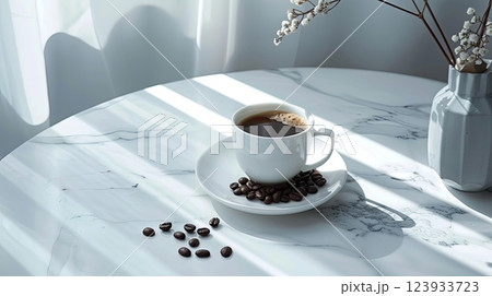 Coffee and beans on marble. Generative AI 123933723