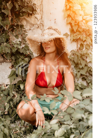 Woman Hat Sunbathing Beach Leaves Green Tropical Bikini Nature Woman Hat Sunbathing Beach Leaves Green Tropical Bikini Nature 123933986