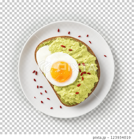 Smashed Avocado on Toast - Creamy mashed avocado spread on toasted bread, often topped with poached eggs, herbs, and chili 123934019