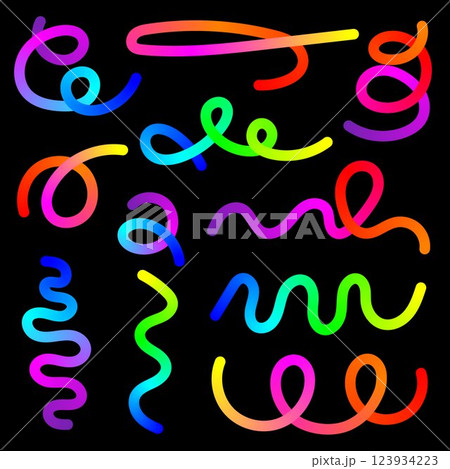 Colorful Neon Swirls and Wavy Lines Set on Black Background. Colorful Confetti. Carnival Elements. Vibrant Abstract Curves, Gradient Spiral Shapes, Bright Elements for Banners, Logos, Digital Art Colorful Neon Swirls and Wavy Lines Set on Black Background. Colorful Confetti. Carnival Elements. Vibrant Abstract Curves, Gradient Spiral Shapes, Bright Elements for Banners, Logos, Digital Art 123934223