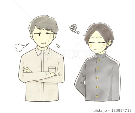 不機嫌そうな男子学生と不安そうなミドル男性 不機嫌そうな男子学生と不安そうなミドル男性 123934715