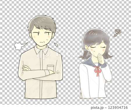 不機嫌そうな女子学生と不安そうなミドル男性 123934716