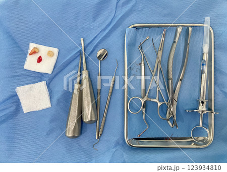 Various dental instrument are neatly placed on a blue surgical drape, alongside extracted teeth and gauze, indicating preparation for a dental procedure. Top view Various dental instrument are neatly placed on a blue surgical drape, alongside extracted teeth and gauze, indicating preparation for a dental procedure. Top view 123934810
