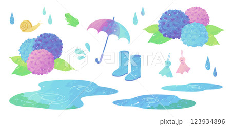 水彩またはクレヨンで描かれた綺麗な梅雨のイラスト素材 あじさい、傘、カエルなどのベクターイラスト 水彩またはクレヨンで描かれた綺麗な梅雨のイラスト素材 あじさい、傘、カエルなどのベクターイラスト 123934896