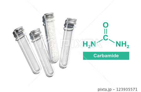 Carbamide in PET preform bottle with molecular structure. Chemical ingredient used in medical and public health issues. Carbamide in PET preform bottle with molecular structure. Chemical ingredient used in medical and public health issues. 123935571