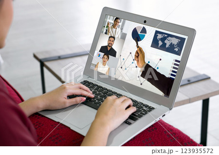 Back view of businesswoman in red dress typing on laptop computer keyboard while videoconference on-line meeting with the investment advisor. Work from home concept 123935572