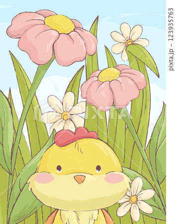 Beautiful card with a little chicken and flowers. Cute poster.Vector illustration. 123935763