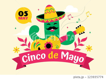 Cinco de Mayo Mexican Holiday Celebration Vector Illustration Featuring Cactus, Guitar, Sombrero, and Tequila Drinks in a Flat Style Background Cinco de Mayo Mexican Holiday Celebration Vector Illustration Featuring Cactus, Guitar, Sombrero, and Tequila Drinks in a Flat Style Background 123935774