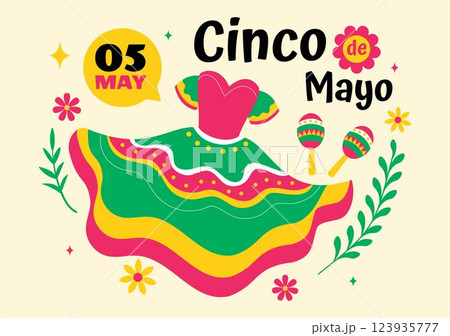 Cinco de Mayo Mexican Holiday Celebration Vector Illustration Featuring Cactus, Guitar, Sombrero, and Tequila Drinks in a Flat Style Background Cinco de Mayo Mexican Holiday Celebration Vector Illustration Featuring Cactus, Guitar, Sombrero, and Tequila Drinks in a Flat Style Background 123935777