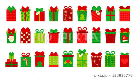 Gift boxes, presents isolated on white. Colorful wrapped. Collection for Christmas. For Vector  flat design. 123935779