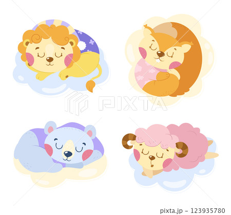 Cute images with sleeping animals on the clouds. 123935780